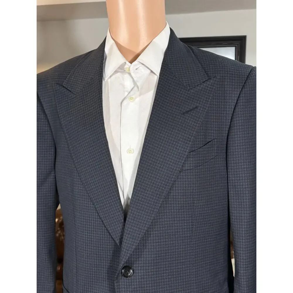 Tom Ford Blue Houndstooth Blazer Peak Lapel Sport Jacket 50 40R Wool Shelton EUC